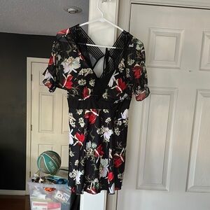 Floral Black Swim Dress with Red and White Accents